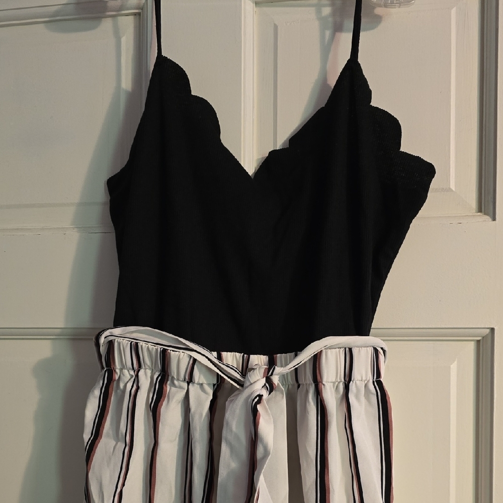 Black Scallop Top with Striped Shorts Romper